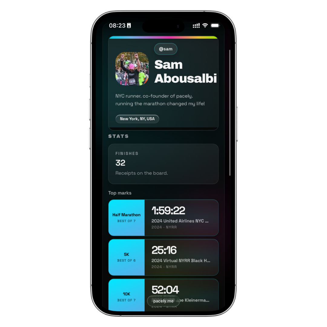 Pacely runner profile on iPhone with a runner handle, PRs, and club details