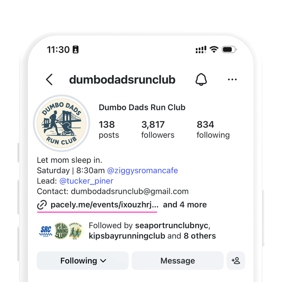 Dumbo Dads Run Club's Instagram profile with a pacely.me event link as the link in their bio.
