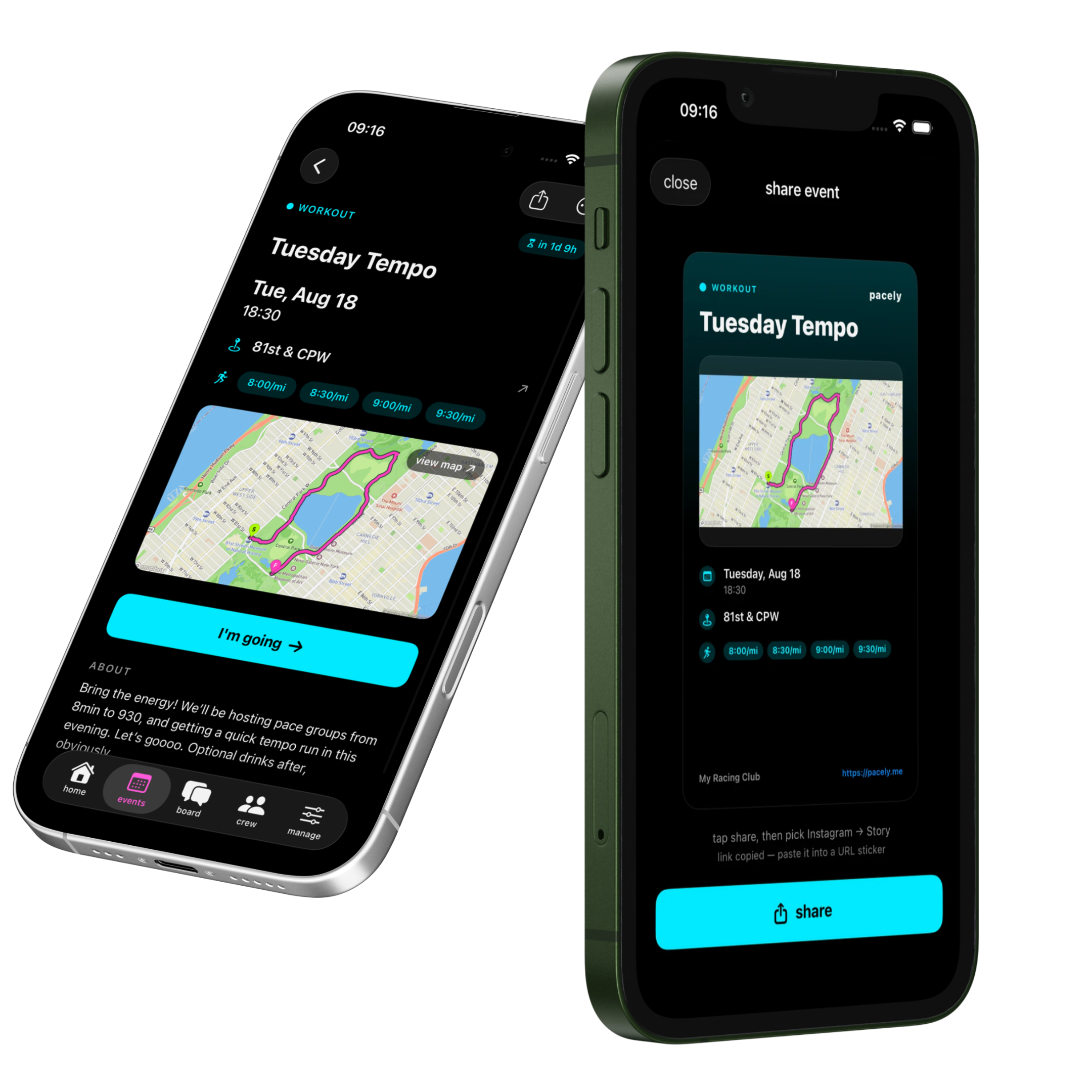 A Pacely event with its route next to the shareable image it generates.