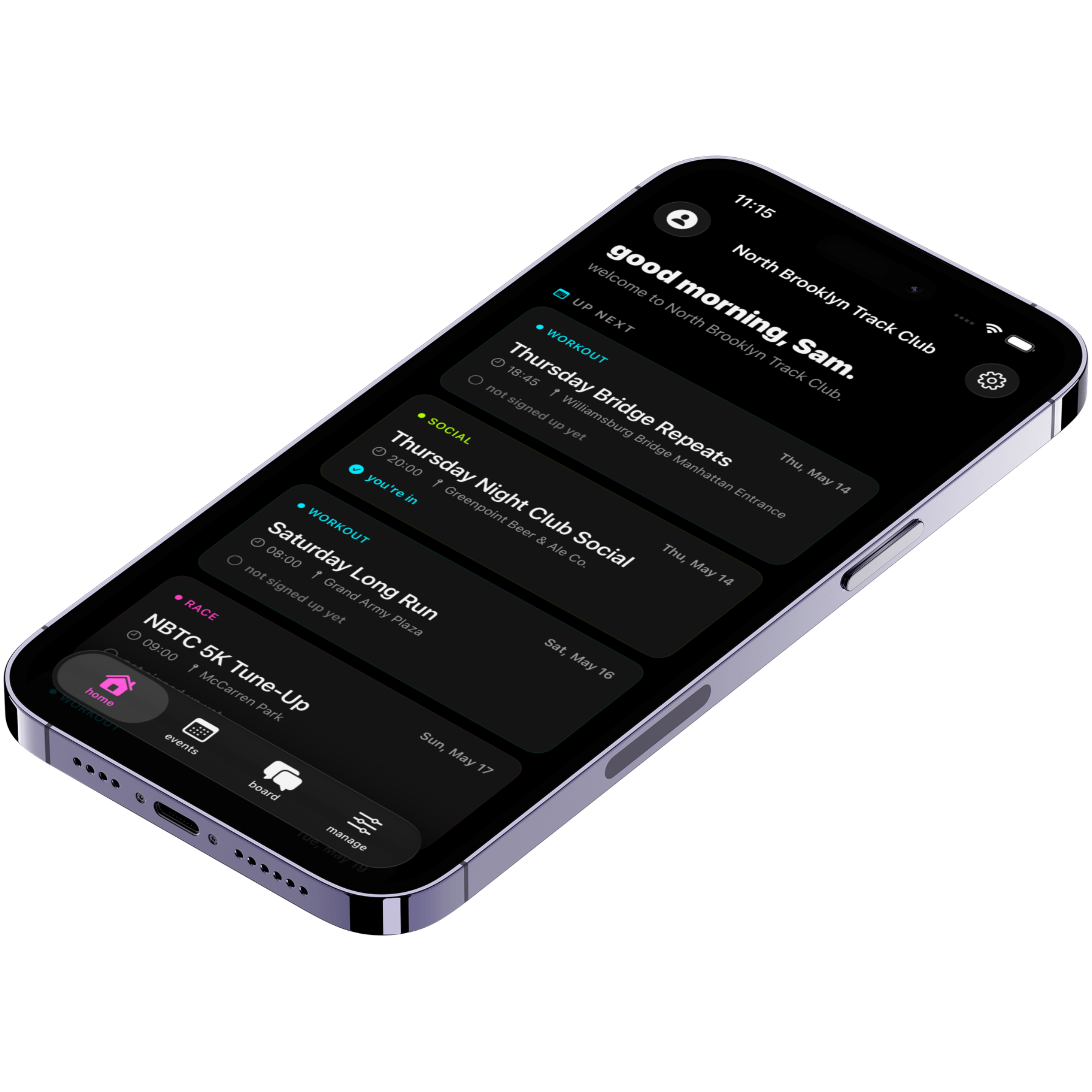 A club member's Pacely home screen listing the week's upcoming runs.