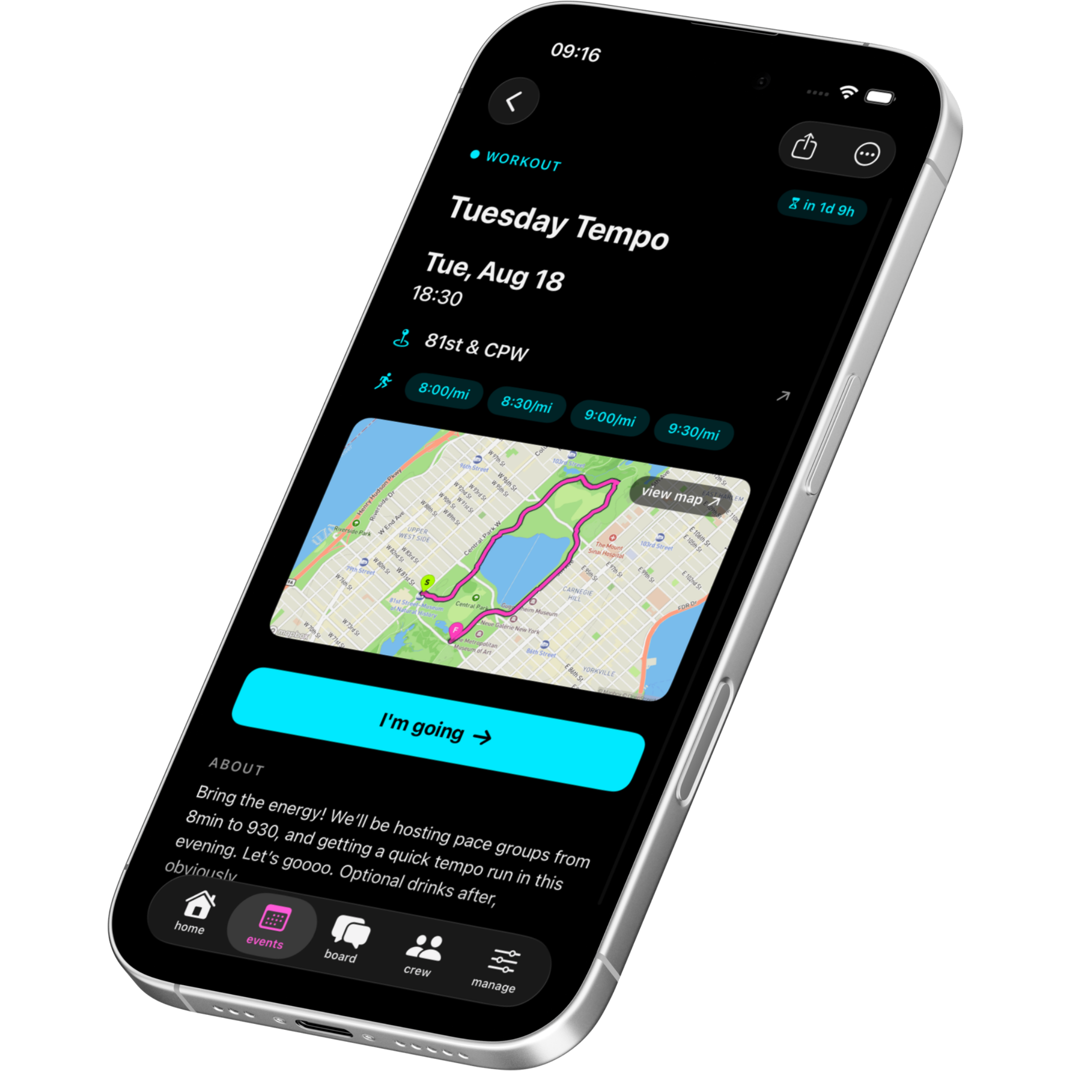 A finished Pacely event showing the route through Central Park, pace groups, and a signup button.